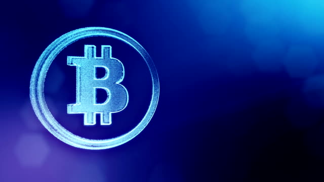 Bitcoin-Logo-auf-einer-Münze-von-Partikeln.-Finanzieller-Hintergrund-aus-Glühen-Teilchen-als-Vitrtual-Hologramm.-Glänzende-Schleife-3D-Animation-mit-Tiefe-Feld,-Bokeh-und-Kopie.-Blaue-Farbe-v2