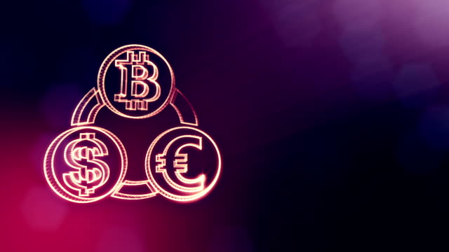 Symbol-Bitcoin-Euro-und-Dollar-in-eine-kreisförmige-Reihe.-Finanziellen-Hintergrund-Glühen-Teilchen-gemacht.-Glänzende-nahtlose-3D-Animation-mit-Tiefe-des-Feldes,-Bokeh-und-Kopie-Raum...-Violette-Farbe-V2