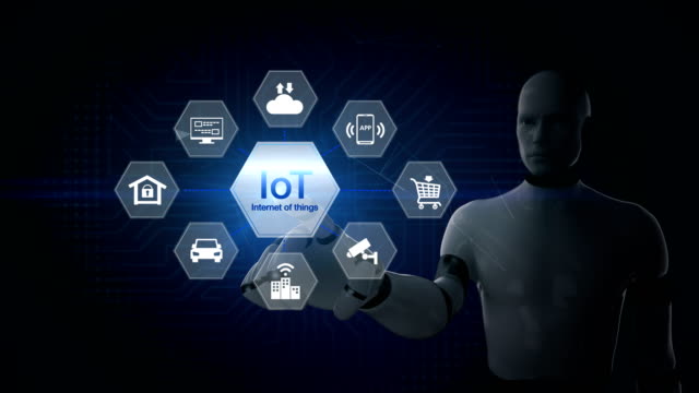 Robot,-cyborg-tocar-IoT-hexágono-icono,-seguridad-casa,-cctv,-ciudad-inteligente,-aplicación-móvil,-coche,-internet-de-cosa.-Película-de-4K.