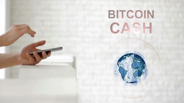 Hände-zu-starten,-die-Erde-Hologramm-und-Bitcoin-Cash-text