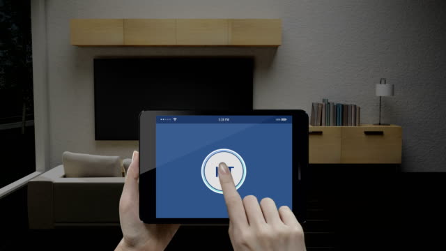 Touching-IoT-smart-pad,-tablet-application,-light-bulb-energy-saving-efficiency-control-in-Living-room,-Smart-home-appliances,--internet-of-things.-4k-movie.