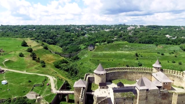Aerial-Shot.-Old-castle-near-the-RIver.-Hotin-Castle-in-Ukraine.-Eastern-Europe