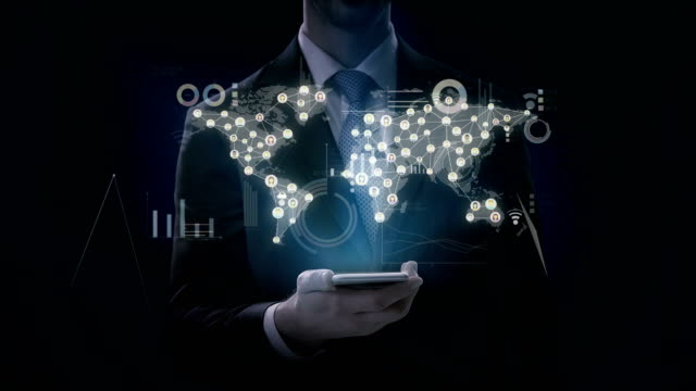 Businessman-slide-touch-smart-phone,-Dots-connecting-line,-dots-makes-global-world-map,-internet-of-things.-4k-movie.