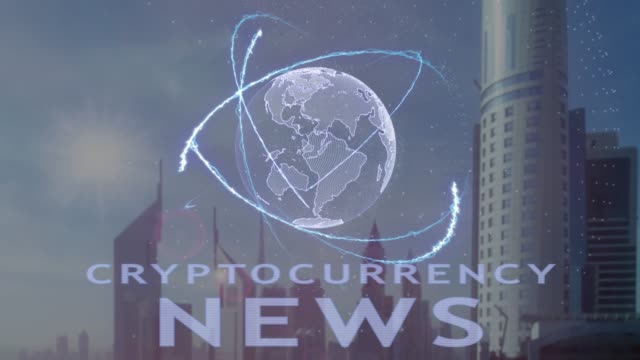 Cryptocurrency-news-text-with-3d-hologram-of-the-planet-Earth-against-the-backdrop-of-the-modern-metropolis