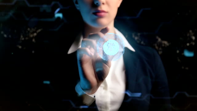 Futuristic-business-woman,-uses-a-hologram-of-the-world-ball.-Logo-Mockup.-Concept:-future,-fast-Internet,-network,-communication,-social-media.