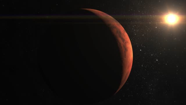 Planet-Mars.-The-sun-in-the-frame-from-the-top-right.-Mars-moves-to-the-left.-The-camera-flies-near-the-planet-Mars.-View-from-space.-Stars-twinkle.-4K.
