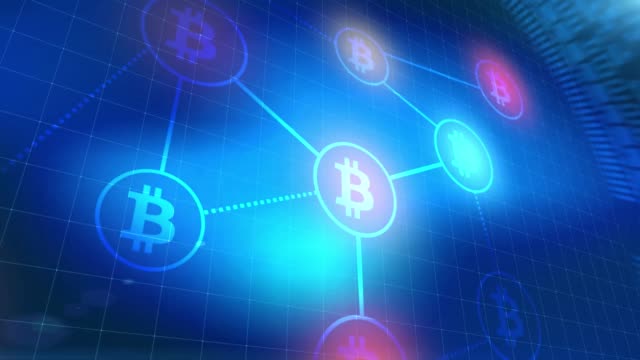 Bitcoin-Kryptowährung-Symbol-Animation-blau-digitale-Elemente-Technik-Hintergrund