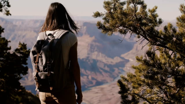 Slow-motion-back-view-happy-tourist-woman-hiking,-taking-smartphone-photo-of-epic-Grand-Canyon-park-mountain-scenery.