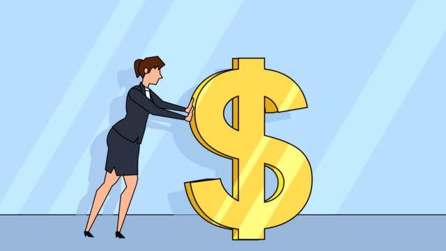 Flache-Zeichentrickserie-Geschäftsfrau-Charakter-schiebt-ein-Dollar-Zeichen-Konzept-Animation