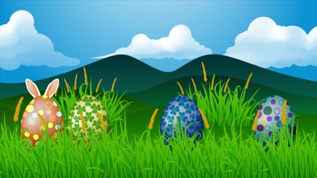 Felices-fiestas-de-Pascua-saludo-paisaje-praderas-con-huevos-de-colores,-orejas-de-conejo,-y-mariposas