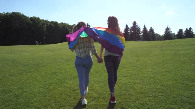 Lesben-paar-mit-Regenbogen-Flagge-zu-Fuß-auf-Gras