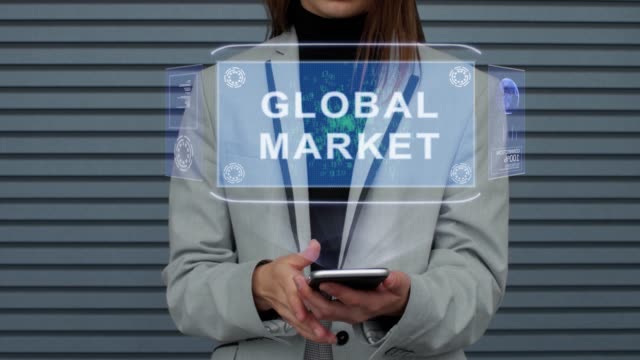 Business-woman-interacts-HUD-hologram-Global-market