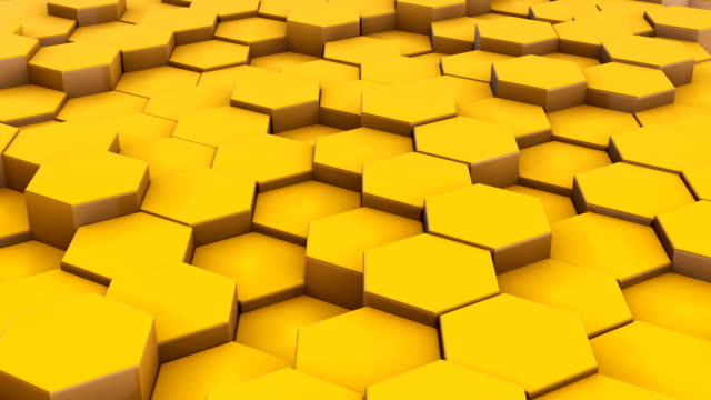 Abstract-yellow-cubes-3d-motion-footage.-Moving-random-blocks-with-hexagon-surfaces-realistic-animation.-Geometric-dynamic-perspective-view-background.-Mosaic-cubes-structure-4k-video