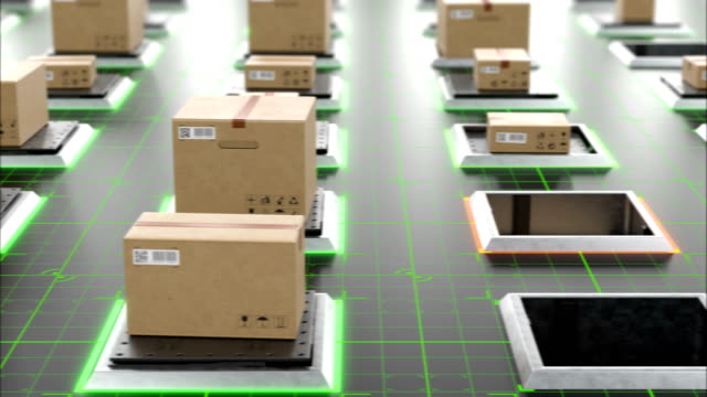Modern-Automated-Hi-tech-Warehouse-with-Parcels-Rising-on-Lifts-and-Digital-Floor-Lights-Seamless.-Beautiful-Looped-3d-Animation-of-Cardboard-Boxes.-Storage-and-Delivery-Concept.