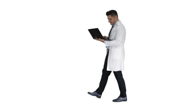 Doctor-showing-results-in-laptop-on-white-background