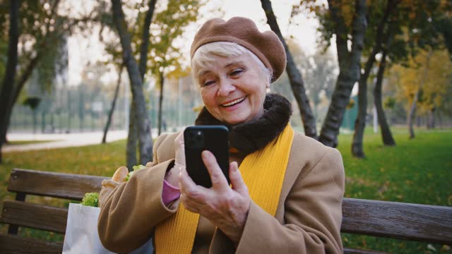 Ältere-Dame-macht-Video-Anruf-per-Handy,-winken-Hand,-lächelnd-und-sprechen,-während-auf-der-Bank-im-Herbstpark-sitzen