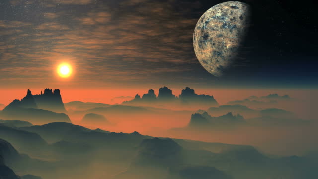 Hellen-Sonnenaufgang-über-die-Misty-Planeten-Aliens