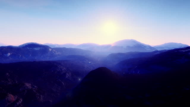Ein-Flug-durch-Animation-von-einem-felsigen-Exoplaneten-während-des-Sonnenuntergangs