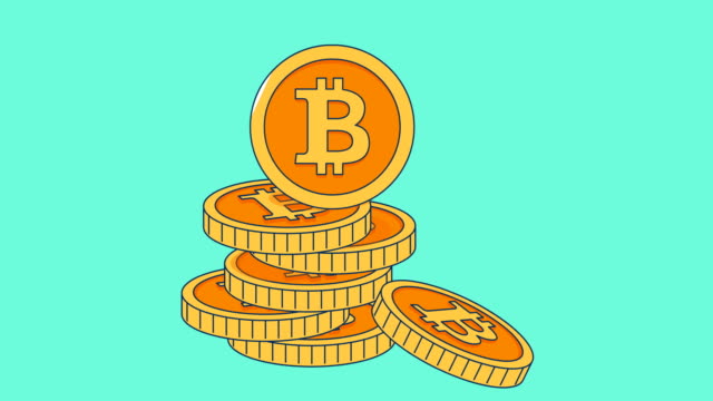 Animación-de-monedas-de-oro-con-bitcoin-muestra-en-estilo-plano.
