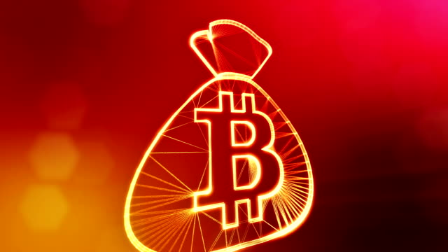 Bitcoin-Logo-auf-der-Tasche.-Finanzkonzept.-Finanzieller-Hintergrund-aus-Glühen-Teilchen-als-Vitrtual-Hologramm.-Glänzende-Schleife-3D-Animation-mit-Tiefe-Feld,-Bokeh-und-Kopie.-Roten-Hintergrund-v1