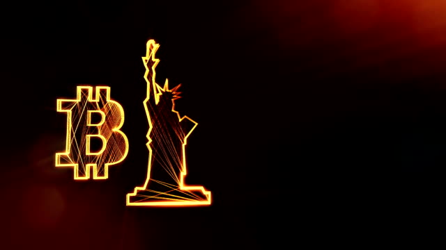 Bitcoin-Logo-und-eine-Statue-der-Freiheit.-Finanzieller-Hintergrund-aus-Glühen-Teilchen-als-Vitrtual-Hologramm.-Glänzende-Schleife-3D-Animation-mit-Tiefe-Feld,-Bokeh-und-Kopie.-Dunklen-Hintergrund-v2