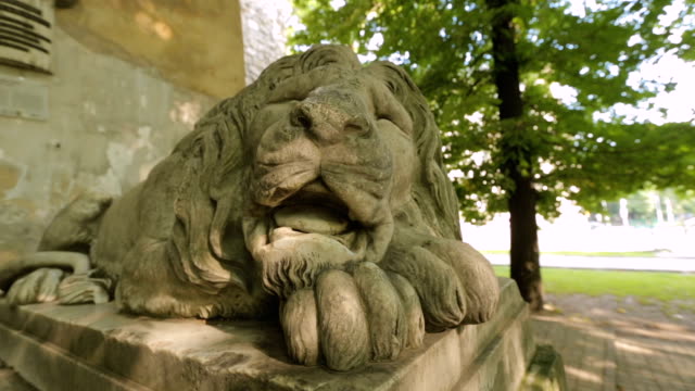 León-mármol-de-la-escultura-en-el-edificio-de-entrada,-símbolo-de-poder-de-ciudad-de-Lviv,-decoración