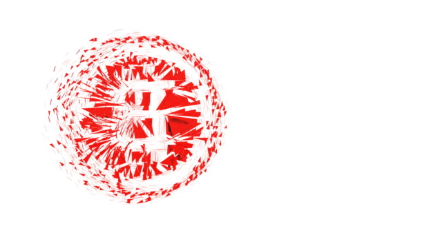3D-rote-Polygonen-drehen-und-montieren-in-einem-Bitcoin-3D-Symbol-im-Ring-wie-Münze.-4-k-sauber-3D-Animation-auf-weißem-Hintergrund