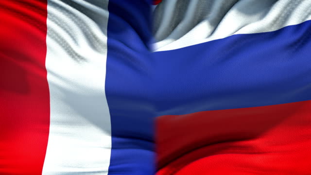 Frankreich-und-Russland-Fahnen-Hintergrund,-diplomatische-und-wirtschaftliche-Beziehungen,-Wirtschaft