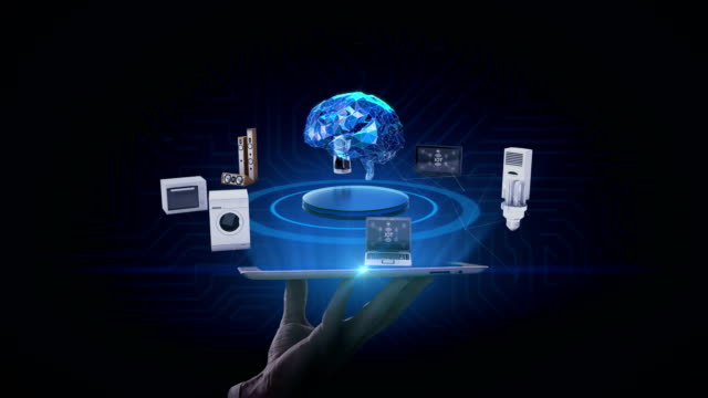 Heben-das-smart-Pad,-Tablet,-künstliche-Intelligenz-Gehirn-Verbindung-Monitor,-Mikrowelle,-Glühbirne,-Waschmaschine,-Klimaanlage,-Audio,-Kaffeekanne,-smart-Home-Appliances,-IoT,-4-k-Film.