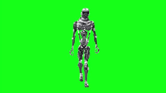 3D-auf-einem-grünen-Hintergrund-Rendern-läuft,-Cyborg,-walking-Robot