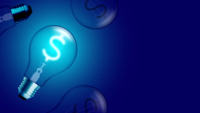 Alphabet-weißglühende-Glühlampe-blink-Schalter-auf-eingestellte-Währung-USD-(US-Dollar)-Symbol-Konzept-Glühen-in-blauen-Gradienten-Hintergrund-nahtlose-Schleife-Animation-4K-mit-Textfreiraum