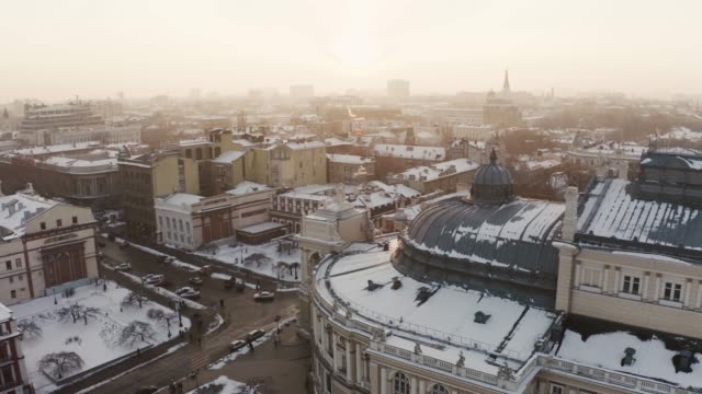Cinematic-aerial-footage-of-opera-and-ballet-theatre-during-sunny-winter-day