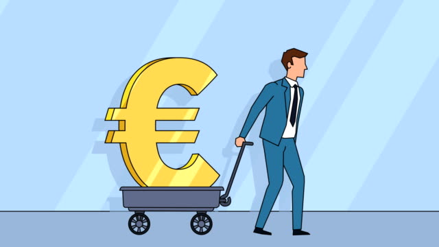 Flache-Zeichentrickfigur-Geschäftsmann-zieht-Wagen-mit-Euro-Zeigegeld-Konzept-Animation-mit-Alpha-matt
