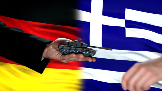 Germany-and-Greece-officials-exchanging-tank-for-money,-flag-background,-army