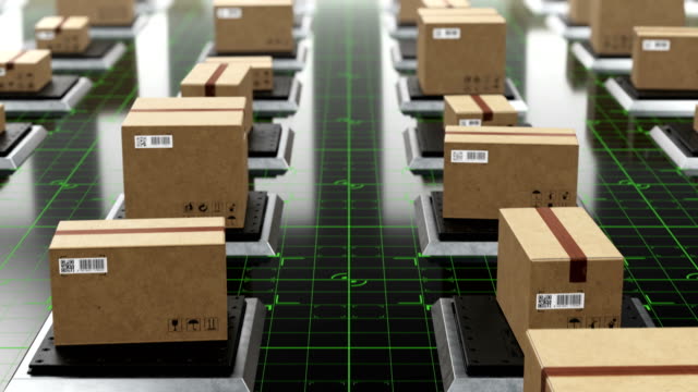 Beautiful-Futuristic-Hi-tech-Warehouse-with-Cardboard-Boxes-on-Lifts-Seamless.-Looped-3d-Animation-of-Automated-Parcels-on-Digital-Floor,-QR-Codes.-Storage-and-Logistics-Concept.