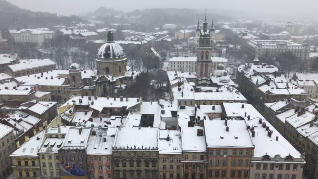 Aerial-view-of-Lviv-in-Ukraine-under-snow-in-winter