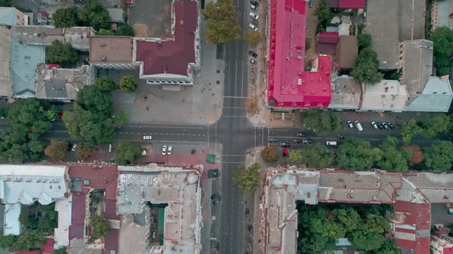Top-down-aerial-view-on-Odessa-old-city-downtown-streets-intersections