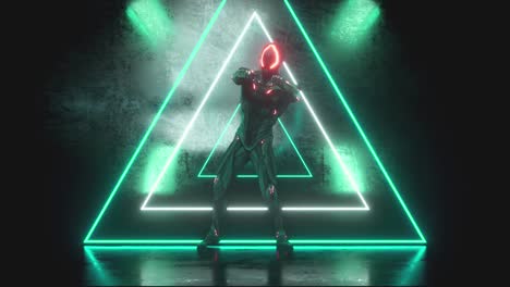 Dancing-alien-robot-on-a-metal-background-with-bright-neon-lights.-The-concept-of-joy-and-victory.-Seamless-loop-3d-render