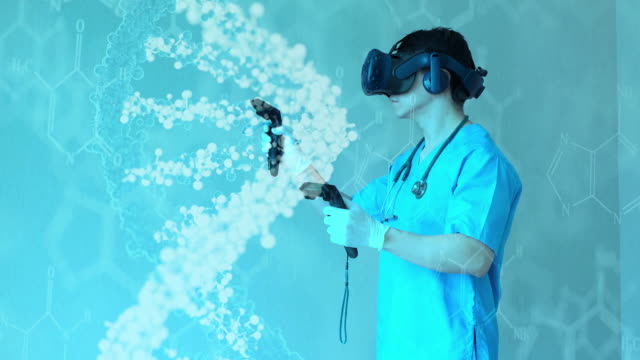 Arzt-tragen-VR-Brille-3D-DNA-Hologramm,-AR-Technologie-Gesundheitsforschung.-Zukünftige-digitale-Technologie-futuristischer-Hintergrund.