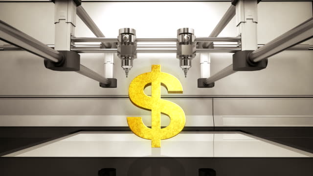 3D-printer-making-Dollar-money-gold-currency-sign,-3D-scanner