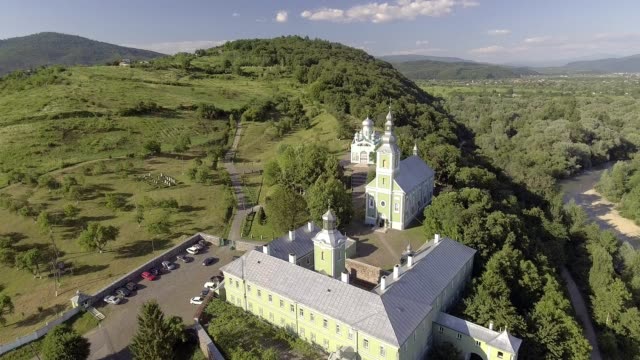 Flying-over-Saint-Nicholas-Monastery,-Mukachevo,-Ukraine