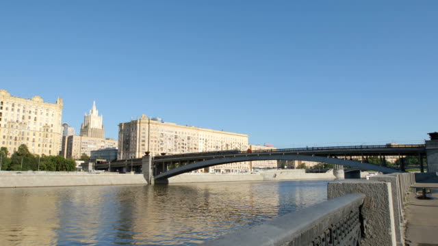 Old-fashioned-buildings-and-a-bridge-over-the-river---Moscow,-Russia