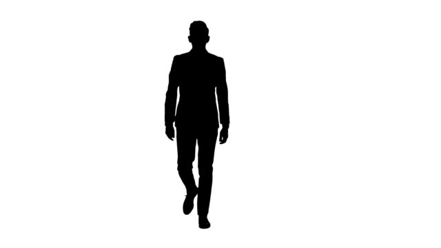 Guy-goes-to-a-business-meeting,-thinks-about-money-and-profits.-White-background.-Silhouette