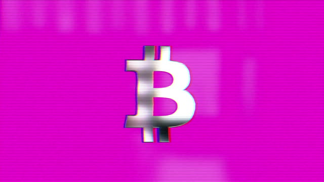 Abstrakte-Animation-von-Bitcoin-Währungszeichen.-Krypto-Währung-Bitcoin.-Globale-Internet-weltweit.-lila-Hintergrund.-TV-Lärm