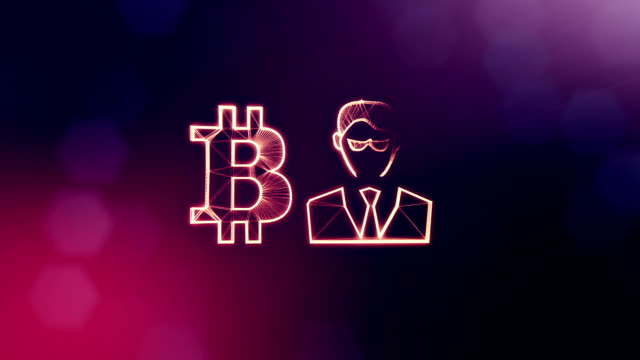 Sign-of-bitcoin-and-businessman-or-hacker.-Financial-background-made-of-glow-particles-as-vitrtual-hologram.-Shiny-3D-loop-animation-with-depth-of-field,-bokeh-and-copy-space.-Violet-background-1.