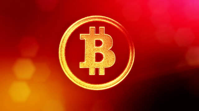 Bitcoin-Logo-auf-einer-Münze-von-Partikeln.-Finanzieller-Hintergrund-aus-Glühen-Teilchen-als-Vitrtual-Hologramm.-Glänzende-Schleife-3D-Animation-mit-Tiefe-Feld,-Bokeh-und-Kopie.-Roten-Hintergrund-v1.