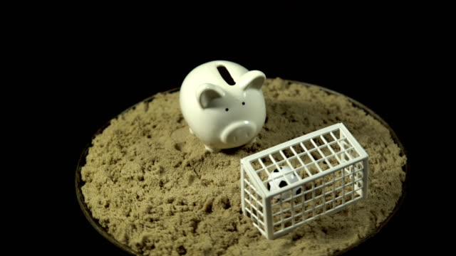 A-white-piggy-bank-stands-on-a-sandy-beach-and-spins-on-a-black-background.
