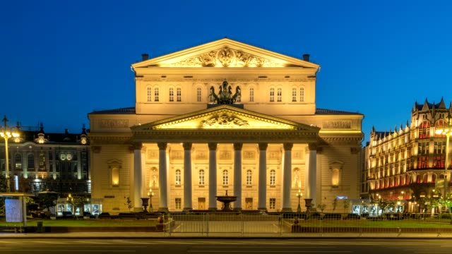 Moscow-city-skyline-night-timelapse-at-The-Bolshoi-Theatre,-Moscow-Russia-4K-Time-Lapse