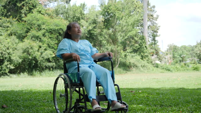 Lonely-disabled-elderly-woman-sitting-on-wheelchair-alone-in-the-park