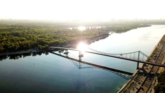 Kiev-(Kiyv)-Ukraine-capital.-River-Dnepr-(Dnipro)-Parkivyi-Bridge-to-Truhaviv-island-Aerial-drone-video-footage-from-above.